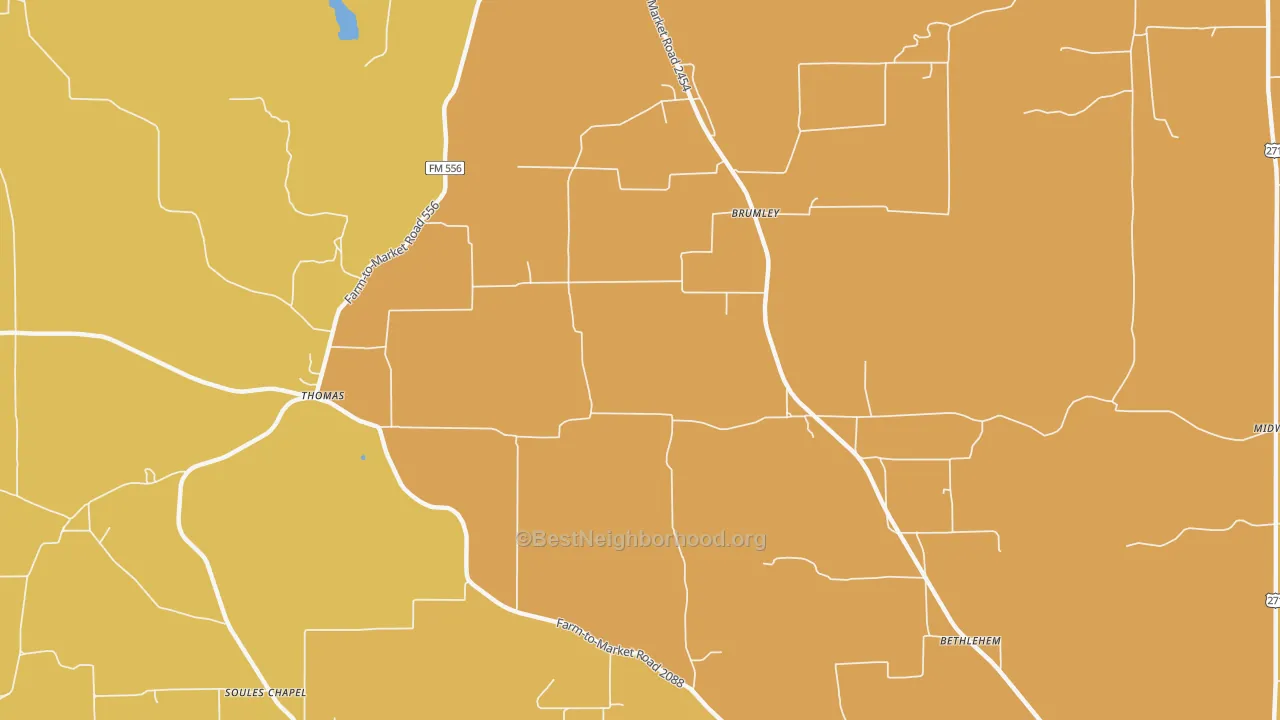 Map of the best neighborhoods in the Brumley area, with better matches in green and worse matches in red
