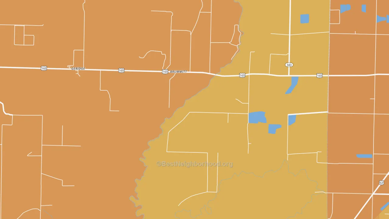 Map of the best neighborhoods in the Brummitt area, with better matches in green and worse matches in red