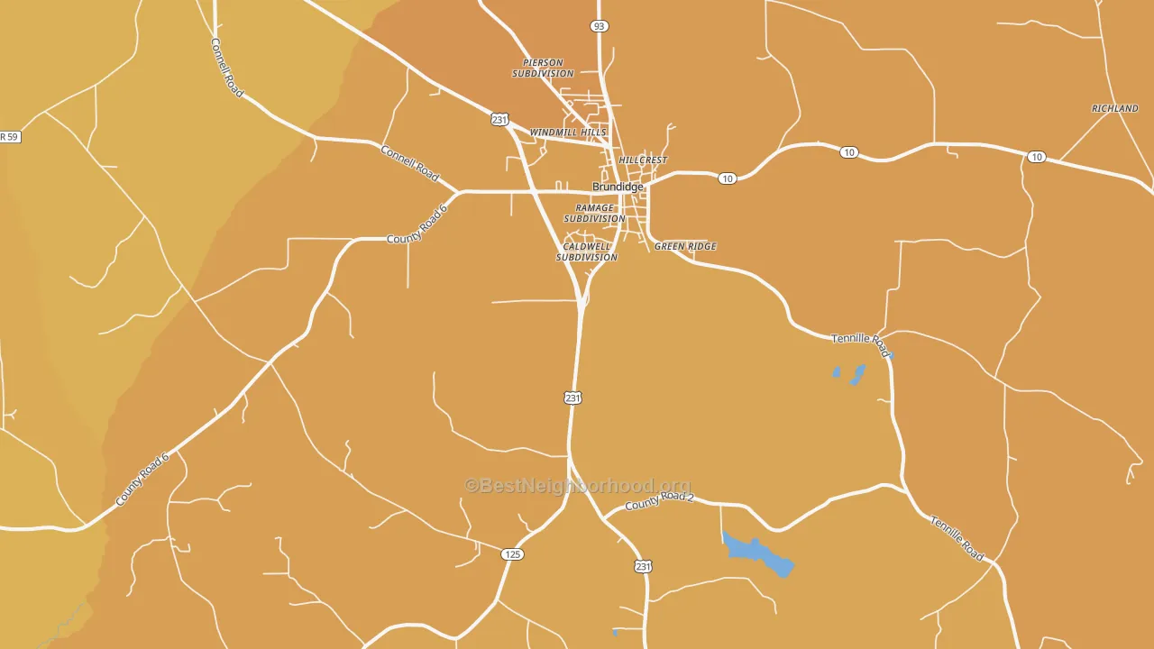 Map of the best neighborhoods in the Brundidge area, with better matches in green and worse matches in red