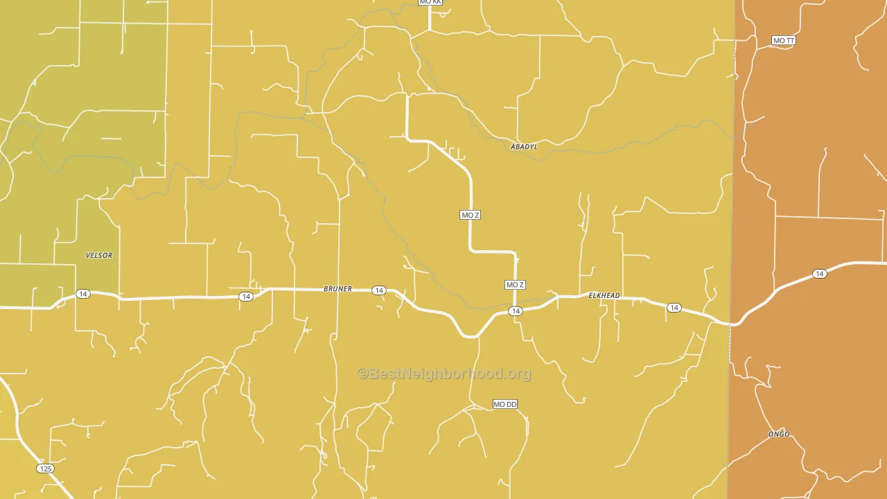 Map of the best neighborhoods in the Bruner area, with better matches in green and worse matches in red