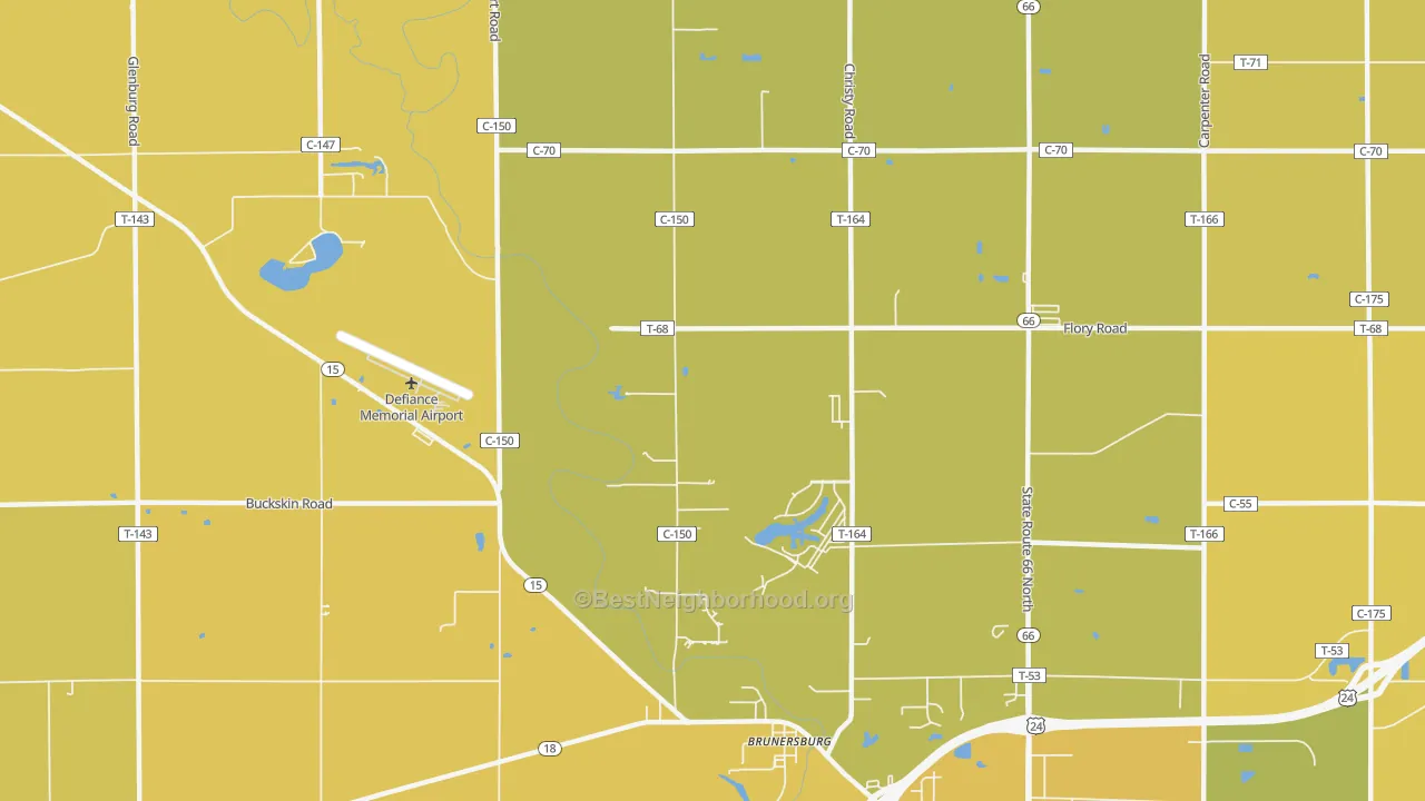 Map of the best neighborhoods in the Brunersburg area, with better matches in green and worse matches in red