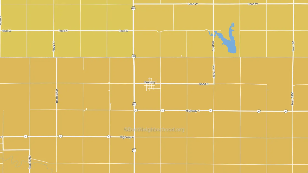 Map of the best neighborhoods in the Bruning area, with better matches in green and worse matches in red