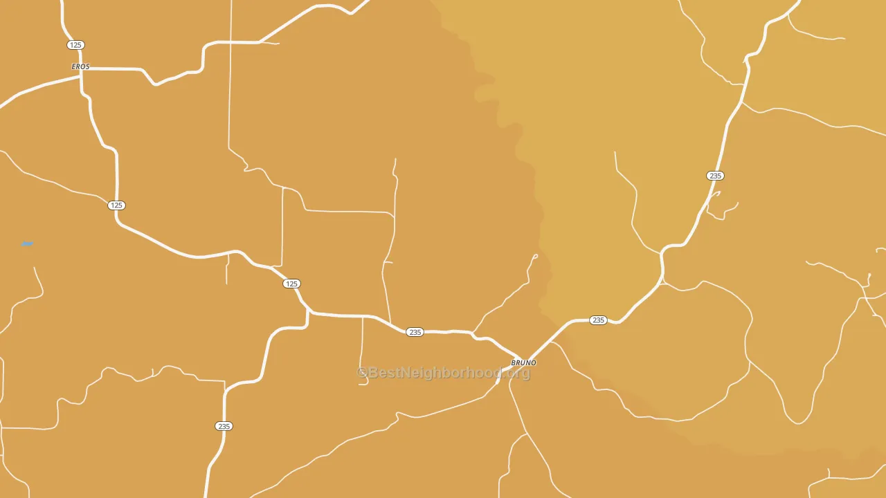 Map of the best neighborhoods in the Bruno area, with better matches in green and worse matches in red