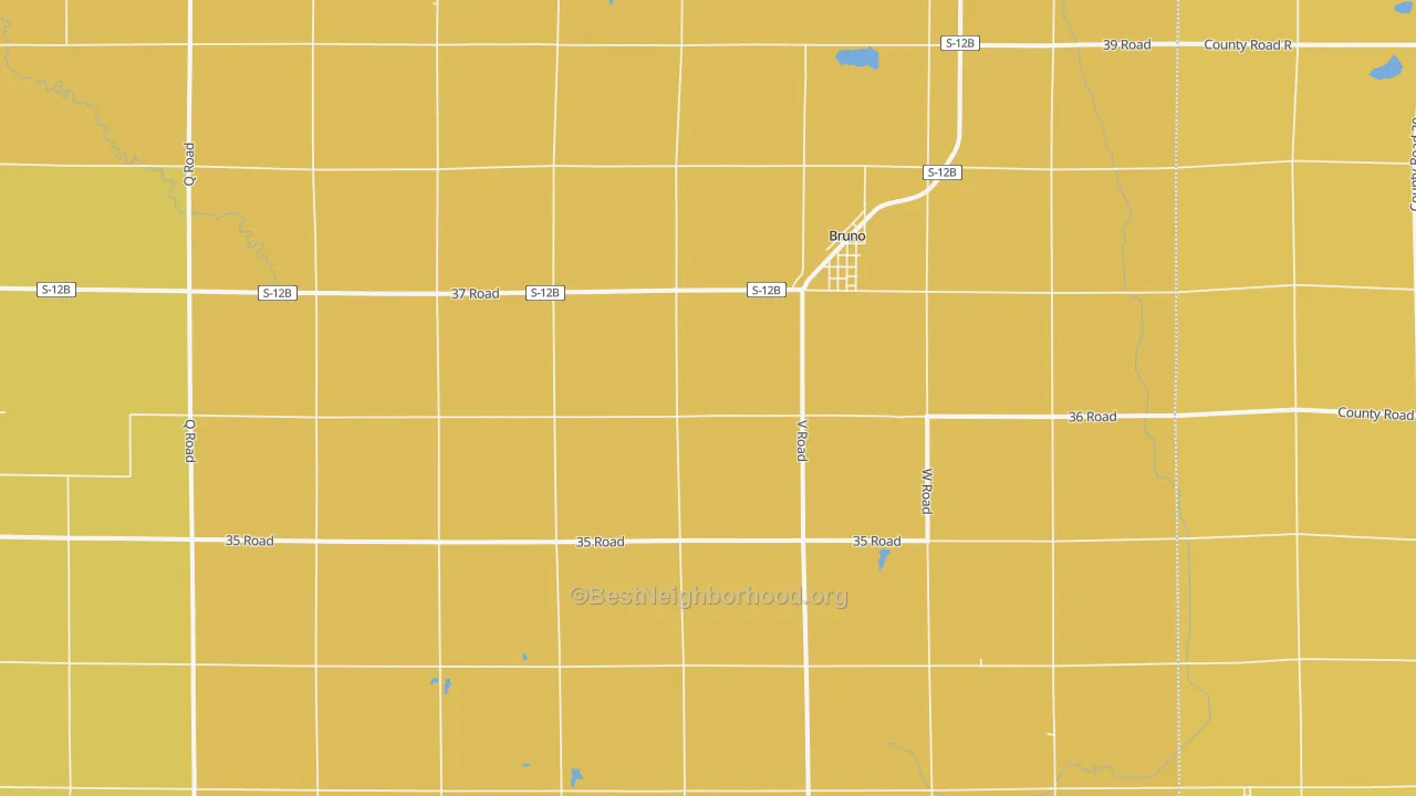 Map of the best neighborhoods in the Bruno area, with better matches in green and worse matches in red