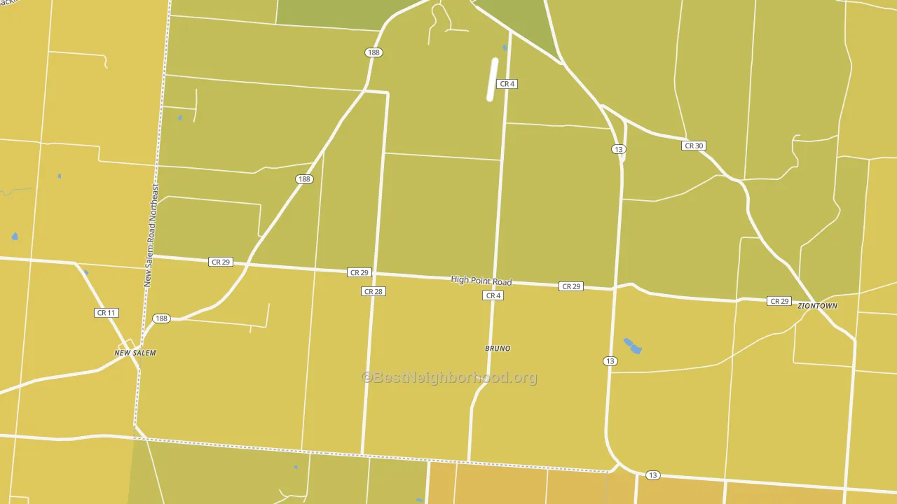 Map of the best neighborhoods in the Bruno area, with better matches in green and worse matches in red