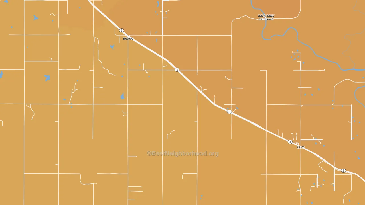 Map of the best neighborhoods in the Bruno area, with better matches in green and worse matches in red