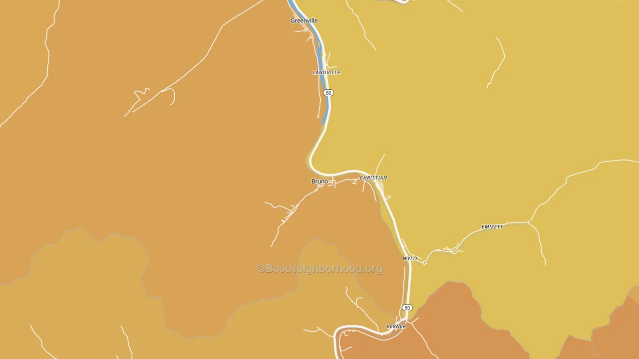 Map of the best neighborhoods in the Bruno area, with better matches in green and worse matches in red