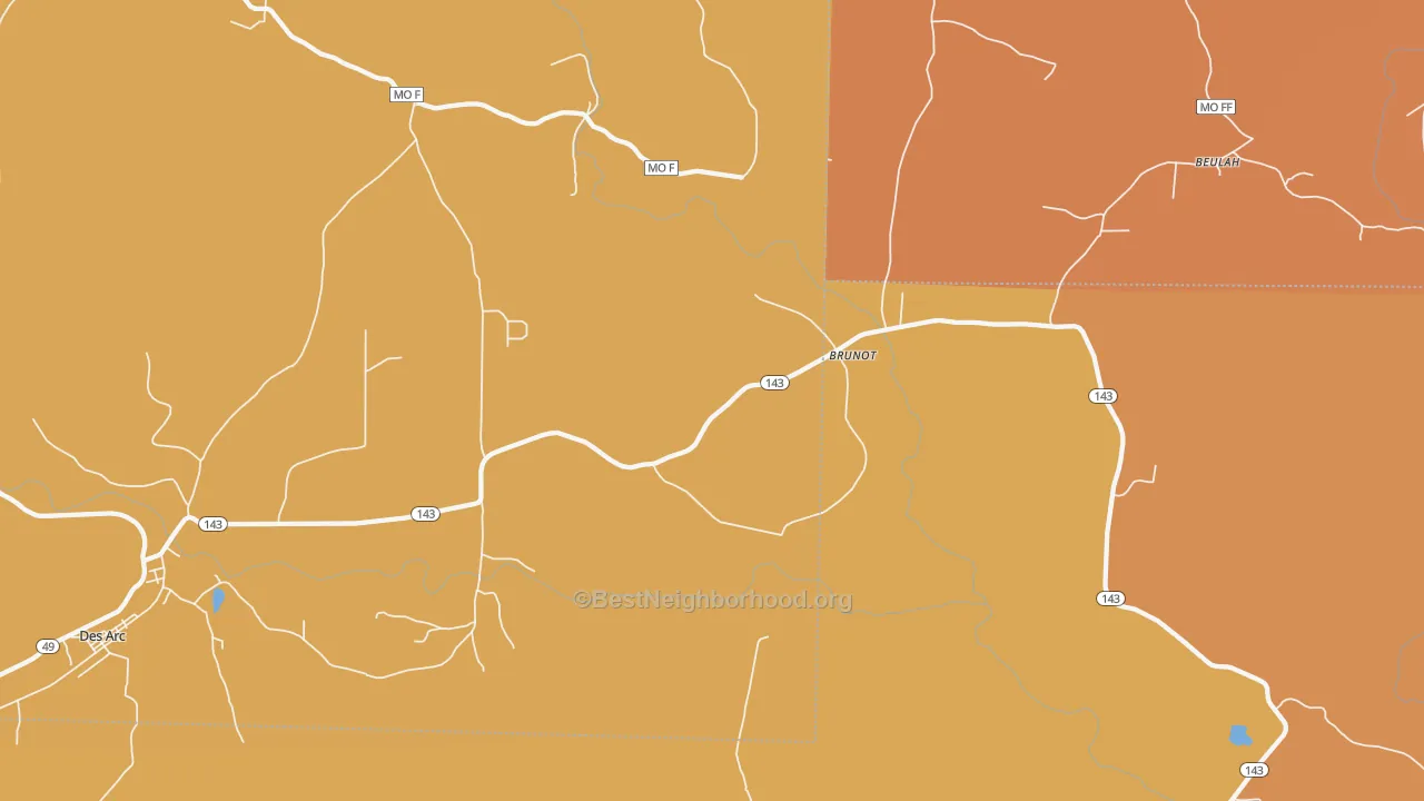 Map of the best neighborhoods in the Brunot area, with better matches in green and worse matches in red