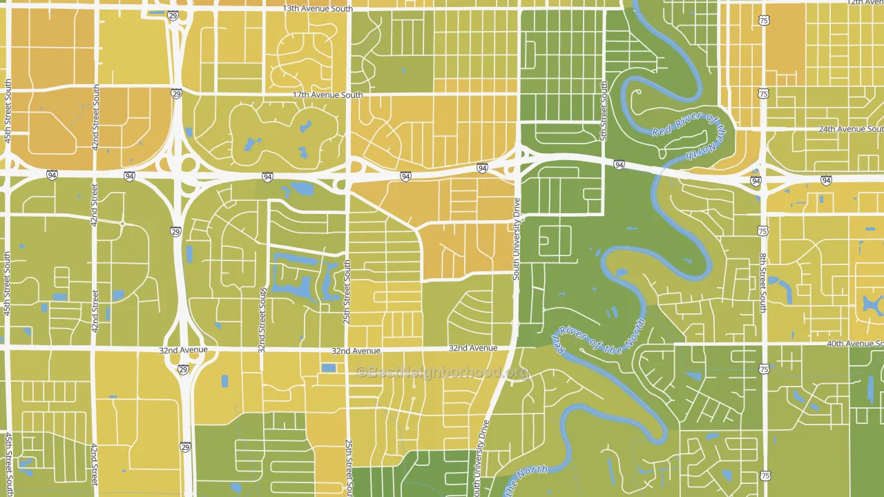 Map of the best neighborhoods in the Brunsdale, Fargo area, with better matches in green and worse matches in red