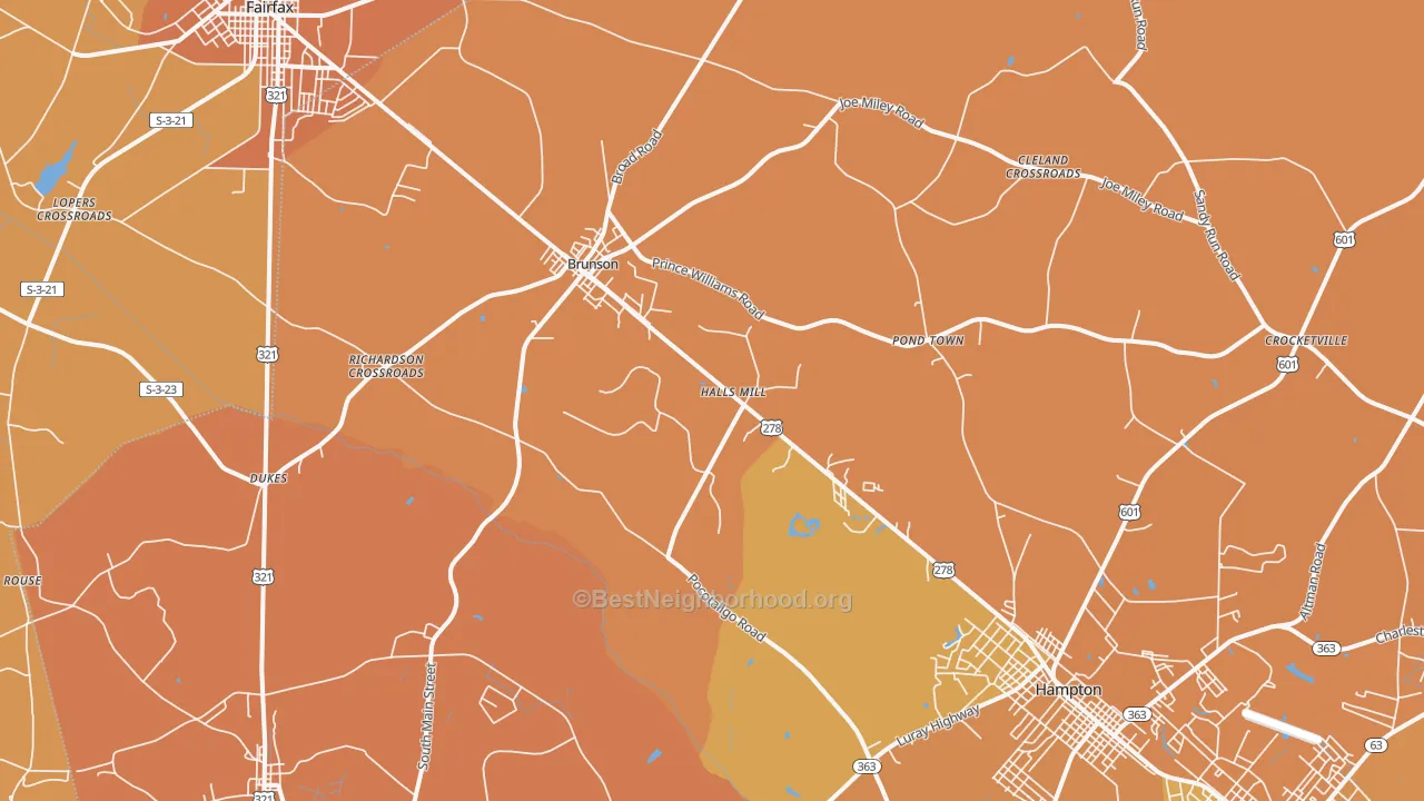 Map of the best neighborhoods in the Brunson area, with better matches in green and worse matches in red