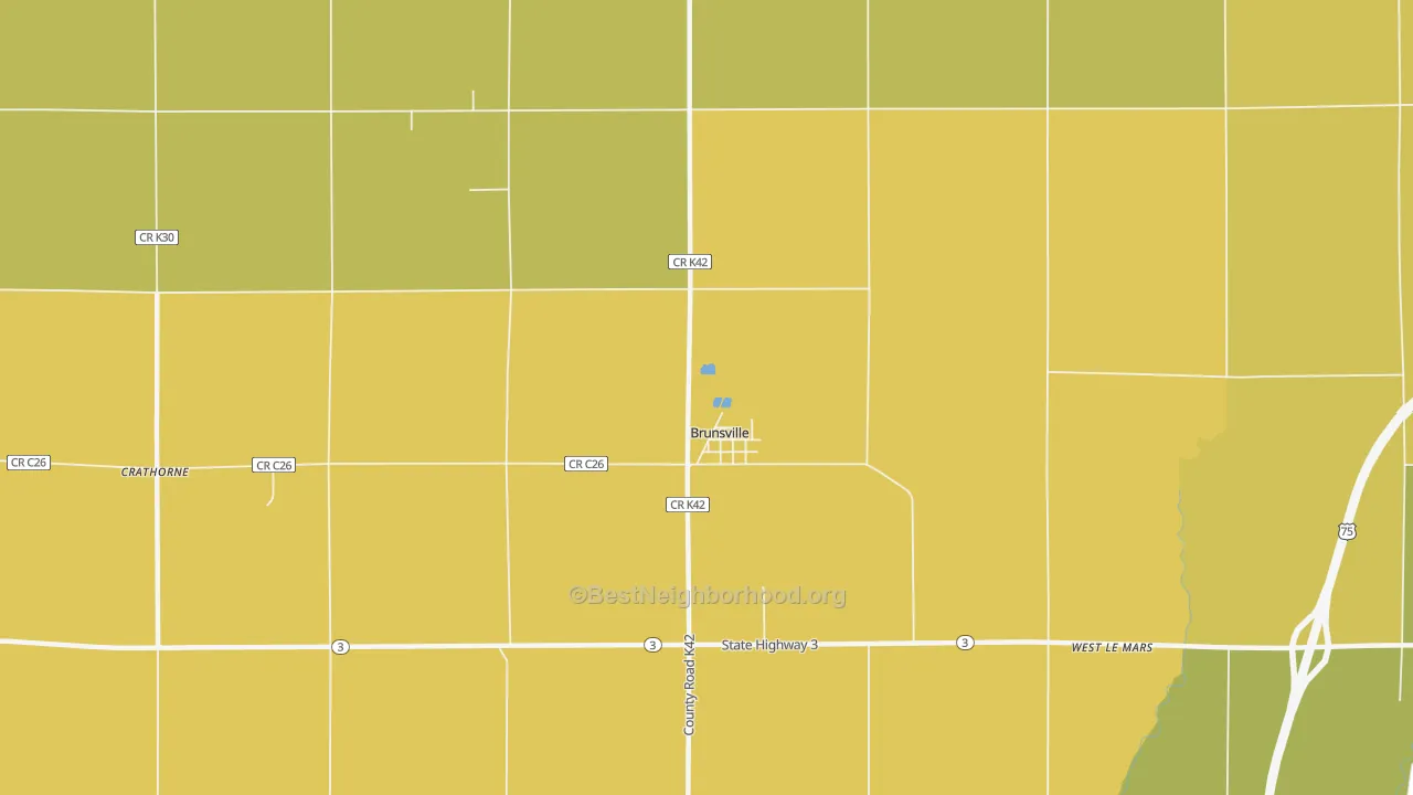 Map of the best neighborhoods in the Brunsville area, with better matches in green and worse matches in red