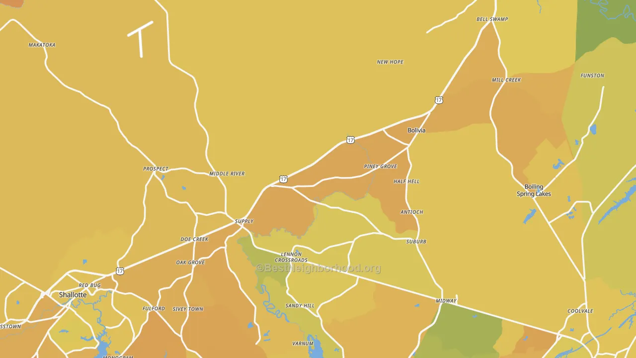 Map of the best neighborhoods in the Brunswick County area, with better matches in green and worse matches in red