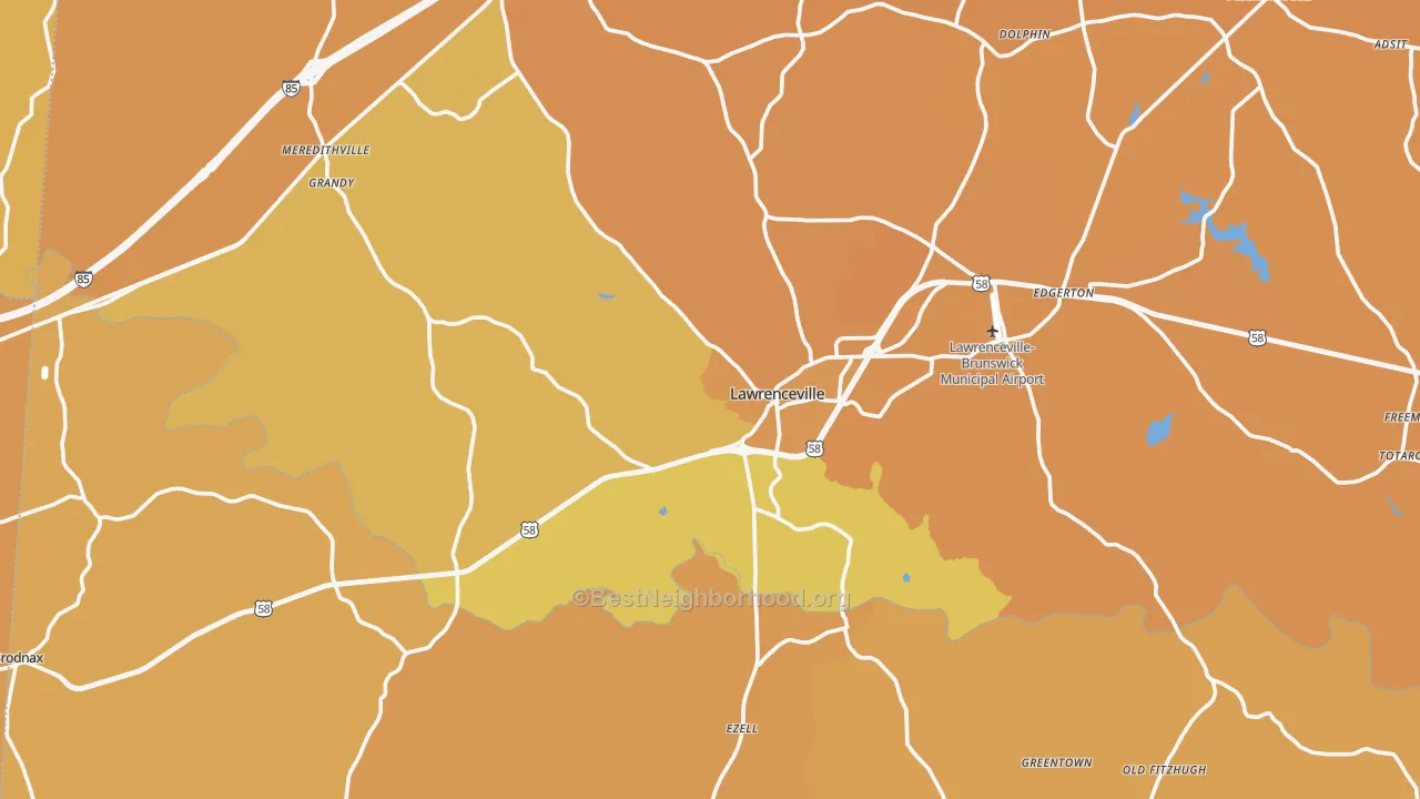 Map of the best neighborhoods in the Brunswick County area, with better matches in green and worse matches in red
