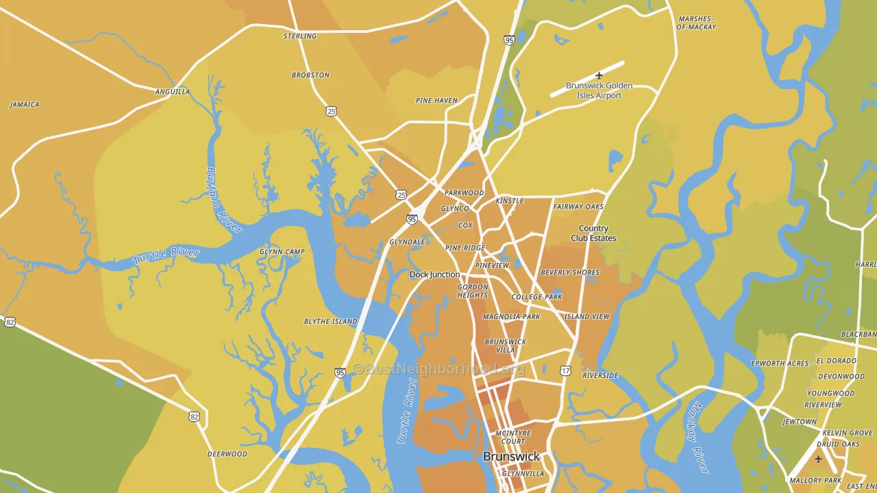 Map of the best neighborhoods in the Brunswick Metro area, with better matches in green and worse matches in red