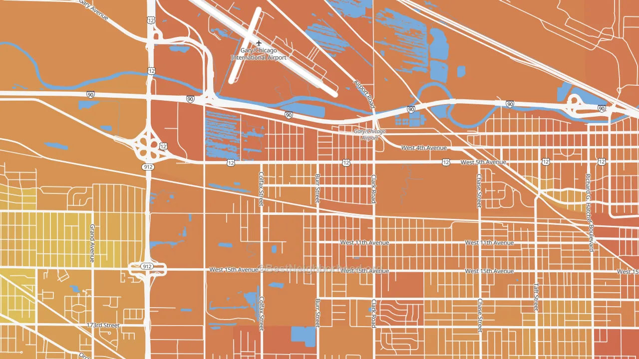 Map of the best neighborhoods in the Brunswick, Gary area, with better matches in green and worse matches in red