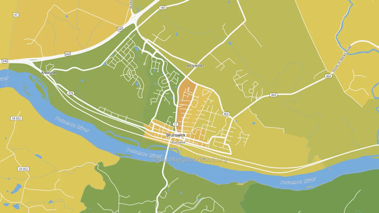 Map of the best neighborhoods in the Brunswick area, with better matches in green and worse matches in red