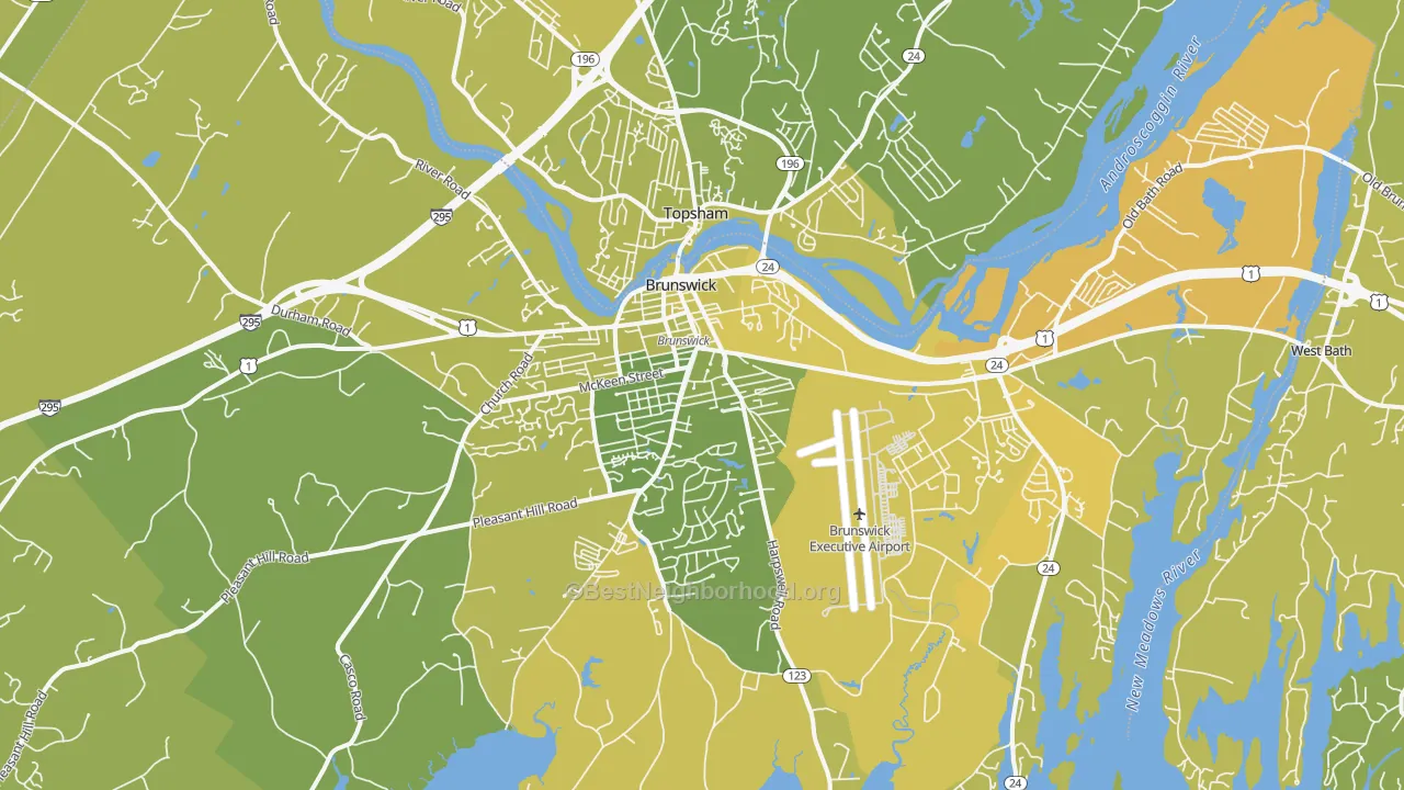 Map of the best neighborhoods in the Brunswick area, with better matches in green and worse matches in red
