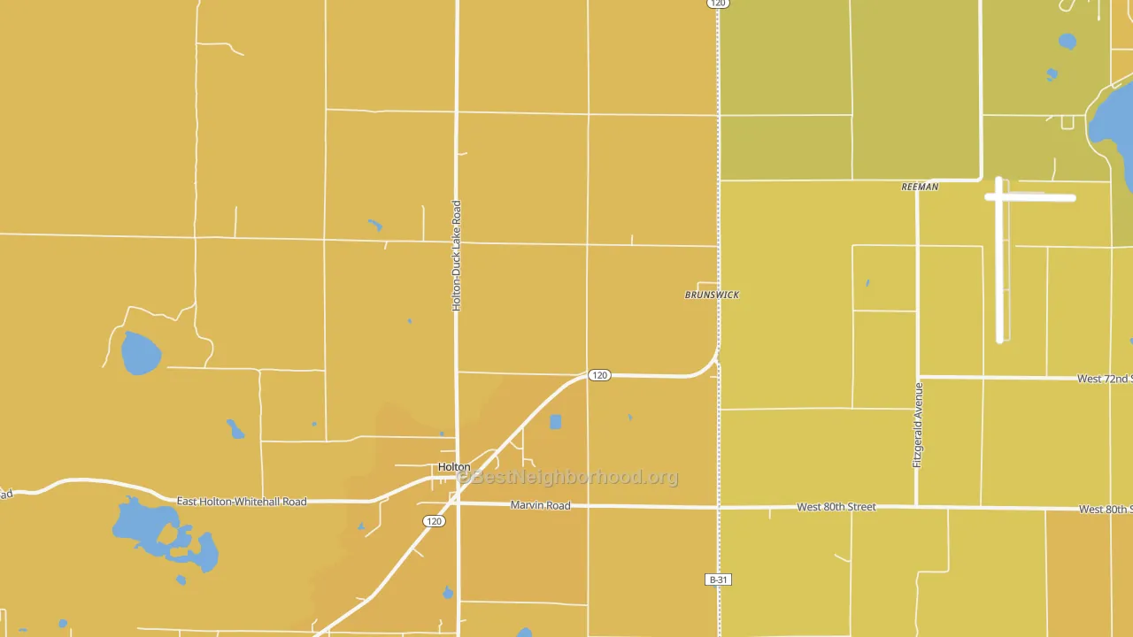 Map of the best neighborhoods in the Brunswick area, with better matches in green and worse matches in red