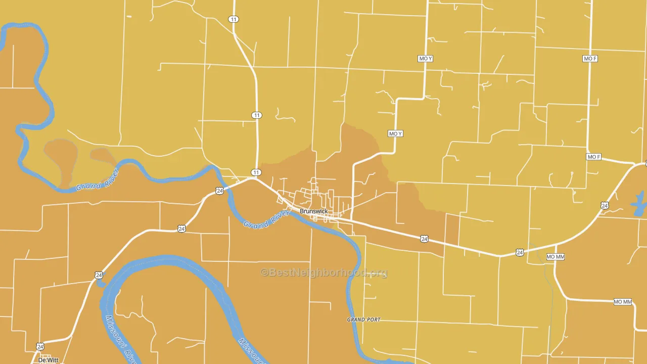 Map of the best neighborhoods in the Brunswick area, with better matches in green and worse matches in red