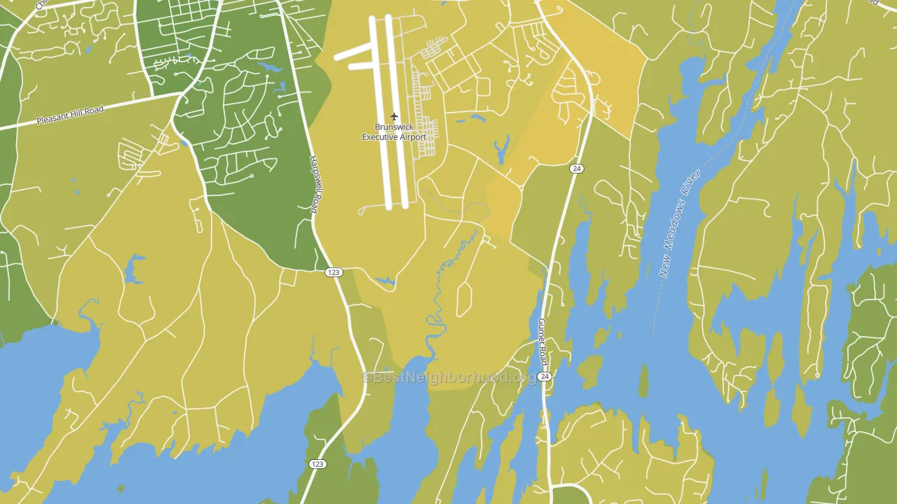 Map of the best neighborhoods in the Brunswick Naval Air Station area, with better matches in green and worse matches in red