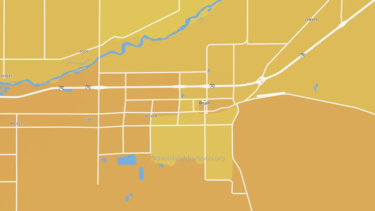 Map of the best neighborhoods in the Brush area, with better matches in green and worse matches in red
