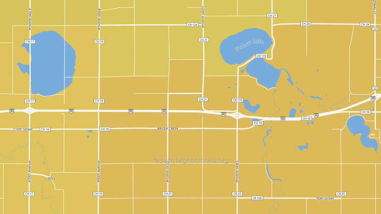 Map of the best neighborhoods in the Brush Creek area, with better matches in green and worse matches in red