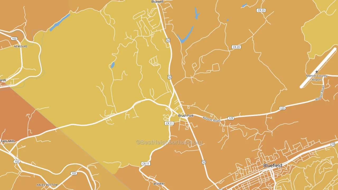Map of the best neighborhoods in the Brush Fork area, with better matches in green and worse matches in red