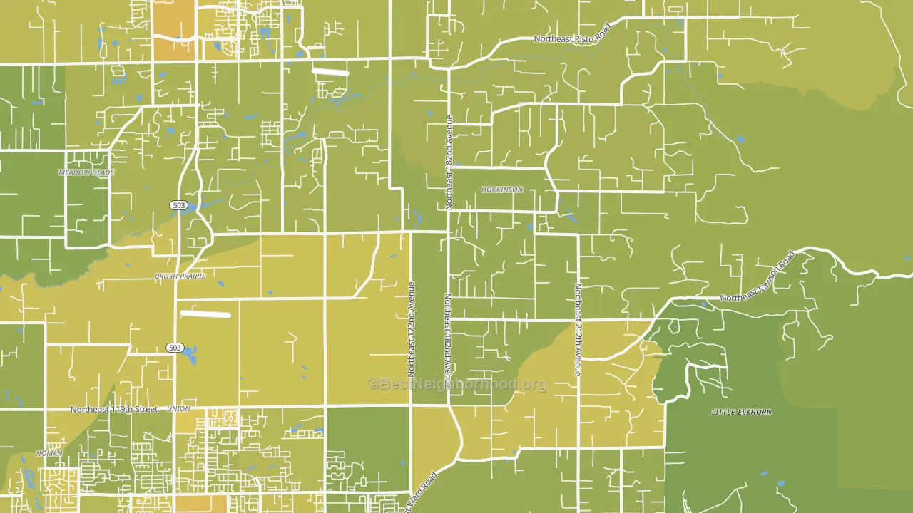Map of the best neighborhoods in the Brush Prairie area, with better matches in green and worse matches in red