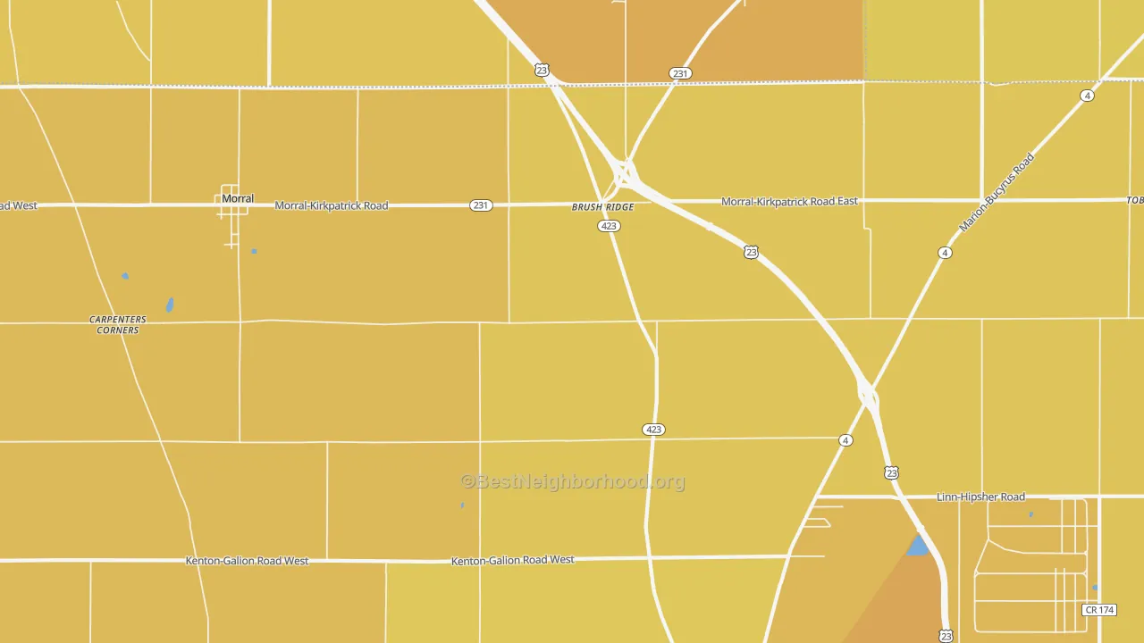 Map of the best neighborhoods in the Brush Ridge area, with better matches in green and worse matches in red
