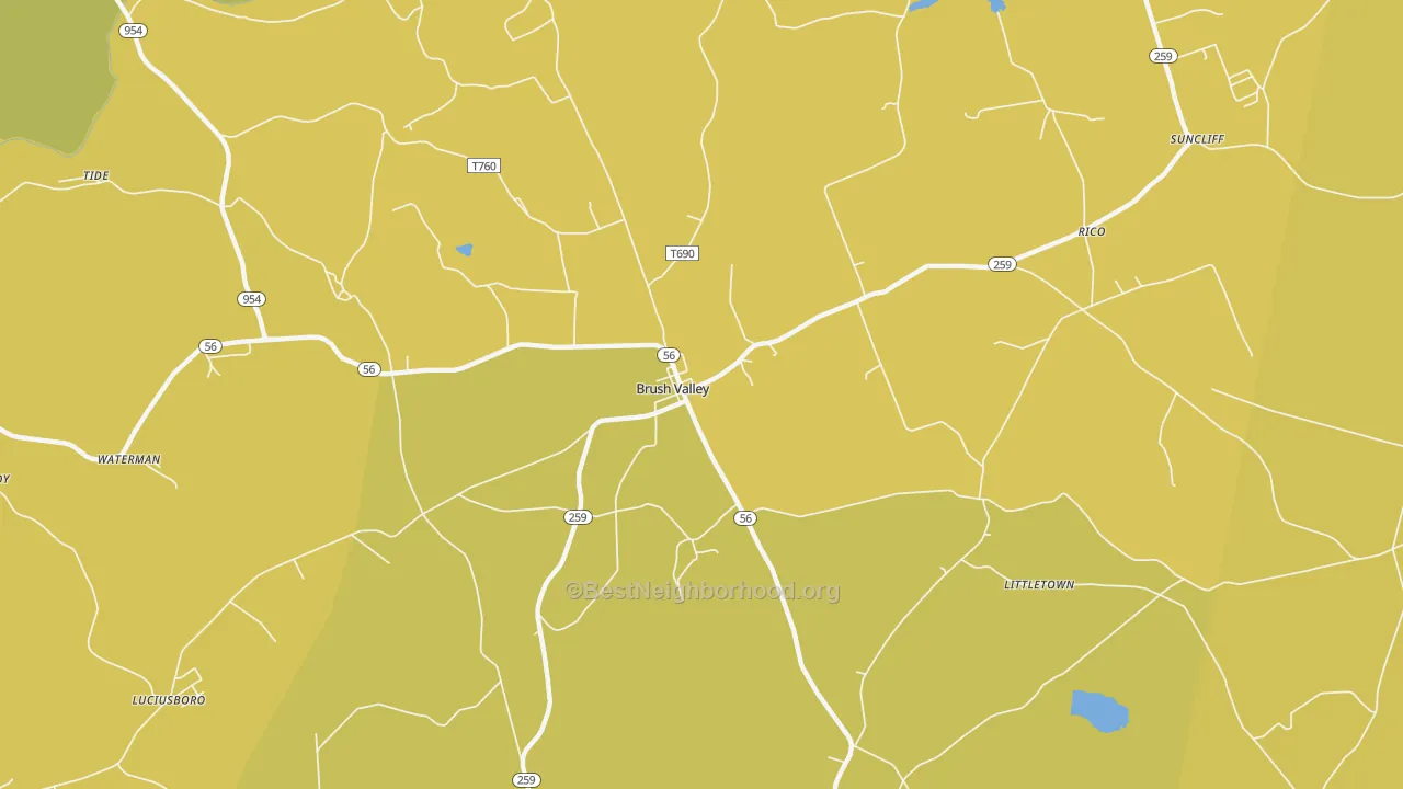 Map of the best neighborhoods in the Brush Valley area, with better matches in green and worse matches in red