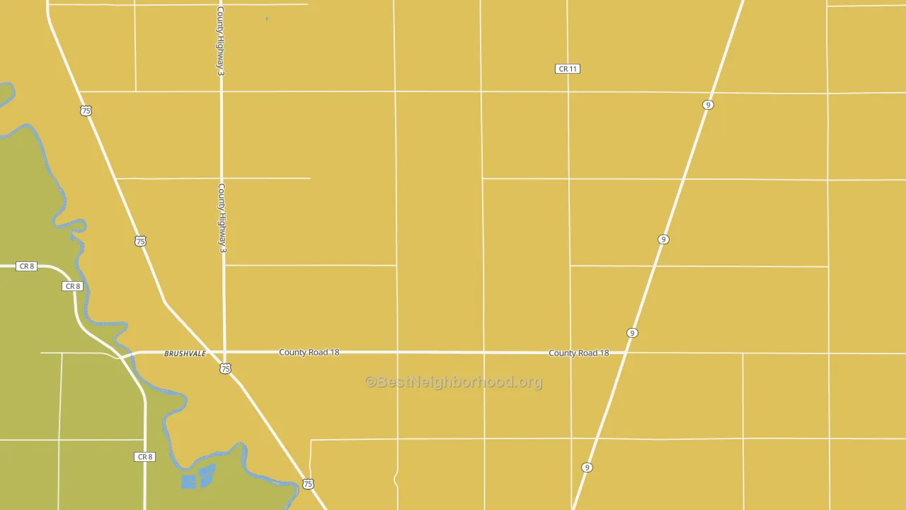 Map of the best neighborhoods in the Brushvale area, with better matches in green and worse matches in red