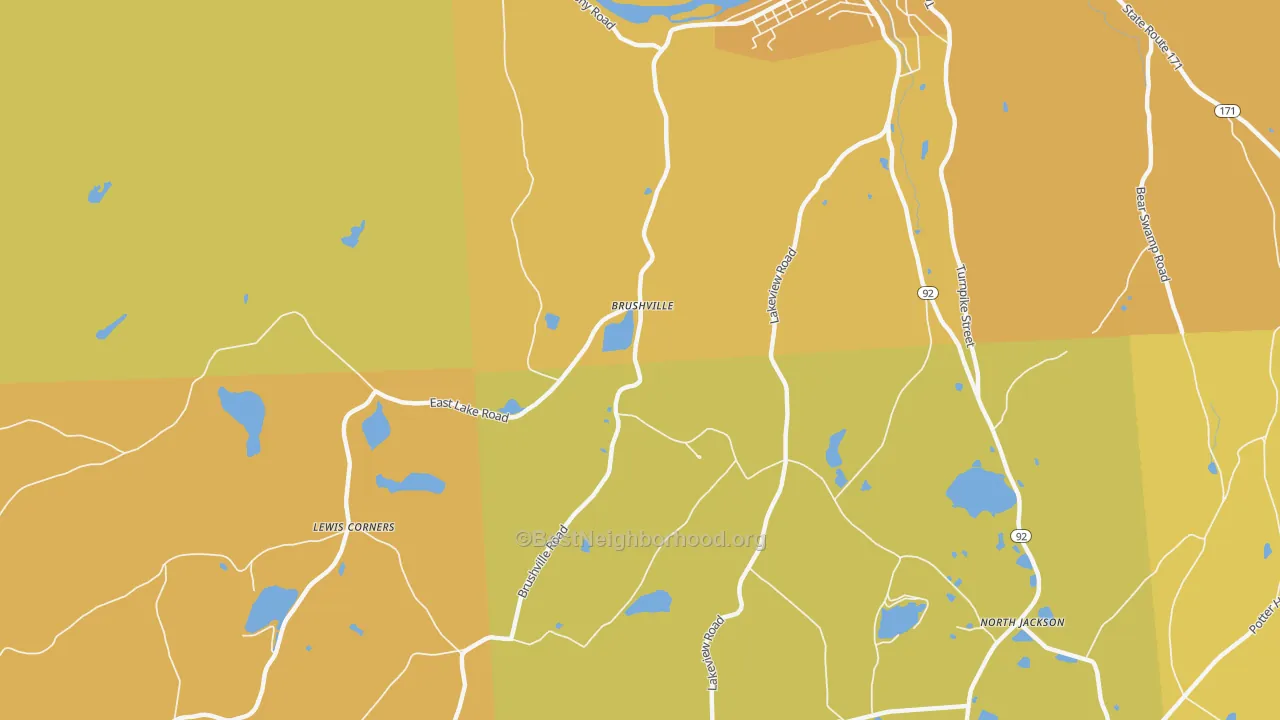 Map of the best neighborhoods in the Brushville area, with better matches in green and worse matches in red