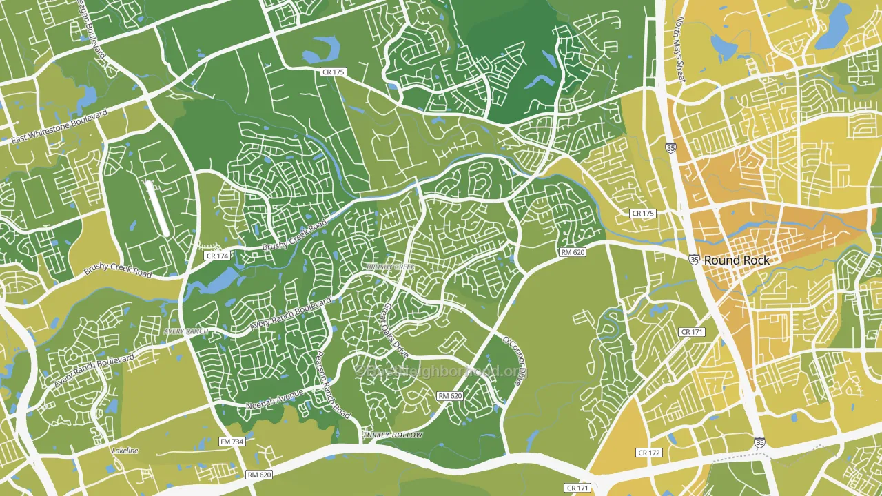 Map of the best neighborhoods in the Brushy Creek area, with better matches in green and worse matches in red