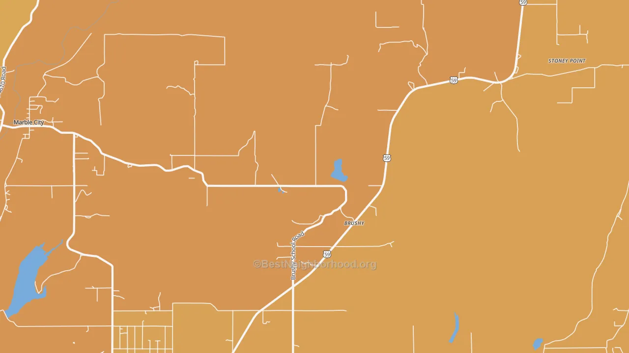 Map of the best neighborhoods in the Brushy area, with better matches in green and worse matches in red