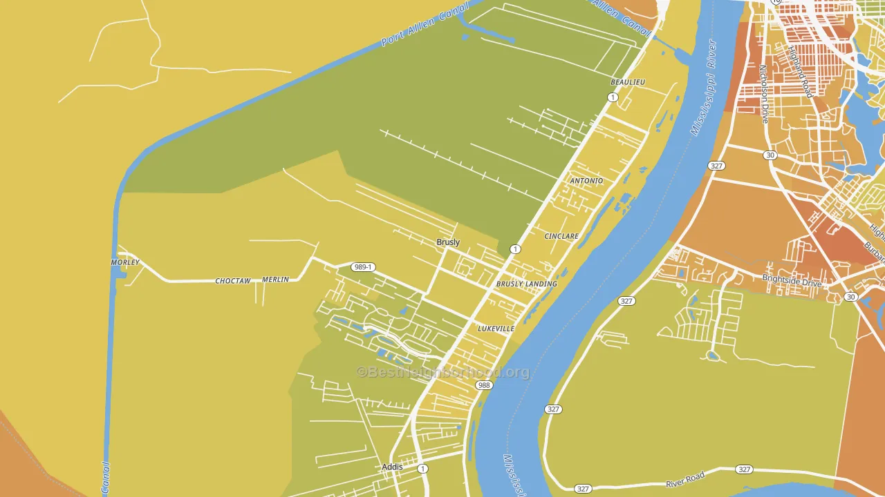 Map of the best neighborhoods in the Brusly area, with better matches in green and worse matches in red