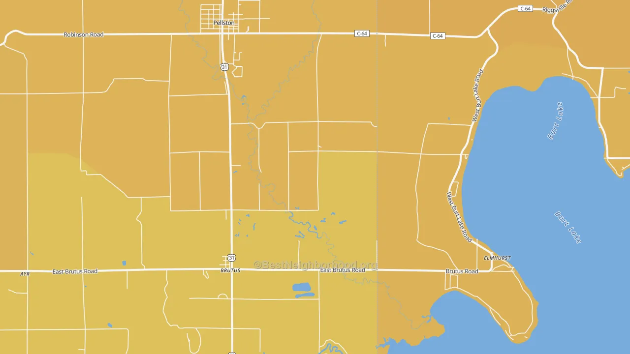 Map of the best neighborhoods in the Brutus area, with better matches in green and worse matches in red