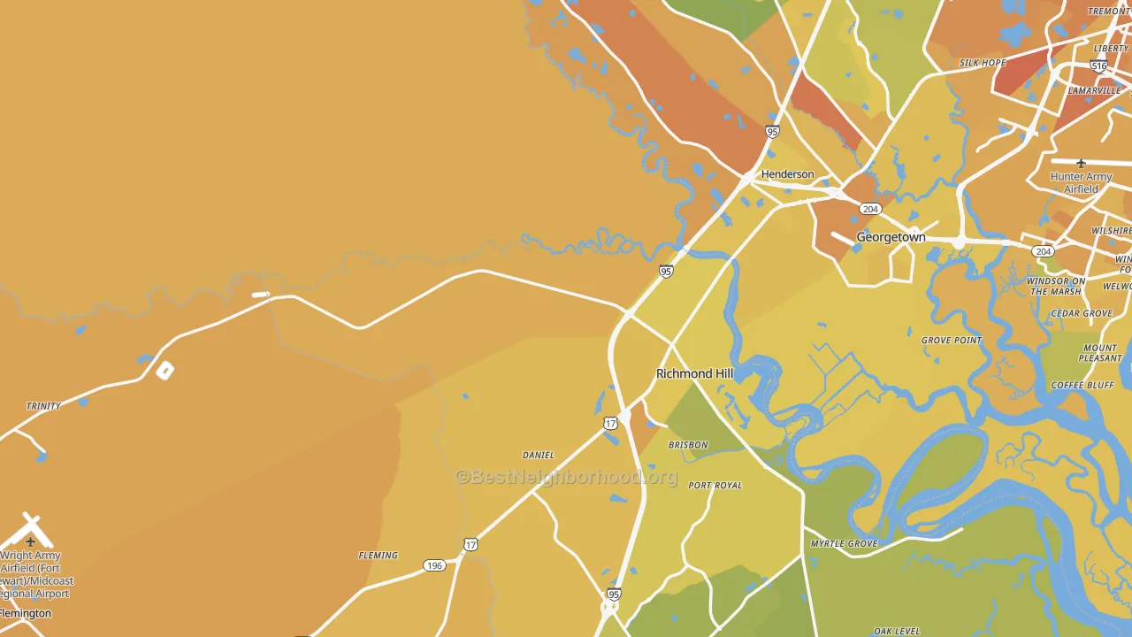 Map of the best neighborhoods in the Bryan County area, with better matches in green and worse matches in red