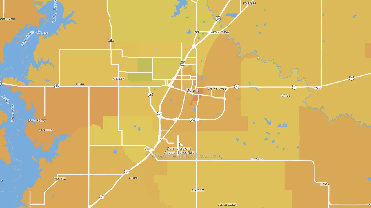 Map of the best neighborhoods in the Bryan County area, with better matches in green and worse matches in red