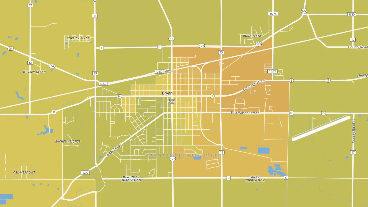 Map of the best neighborhoods in the Bryan Downtown Historic District, Bryan area, with better matches in green and worse matches in red