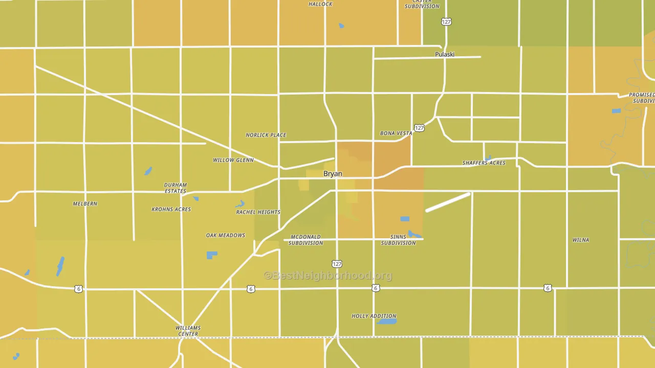 Map of the best neighborhoods in the Bryan area, with better matches in green and worse matches in red