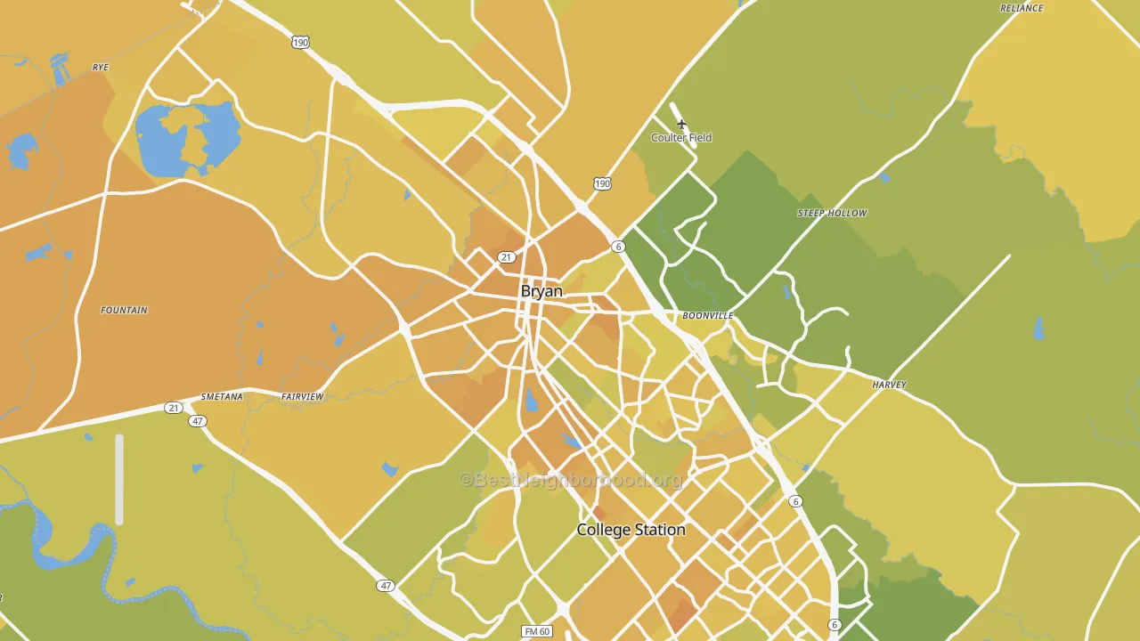 Map of the best neighborhoods in the Bryan area, with better matches in green and worse matches in red