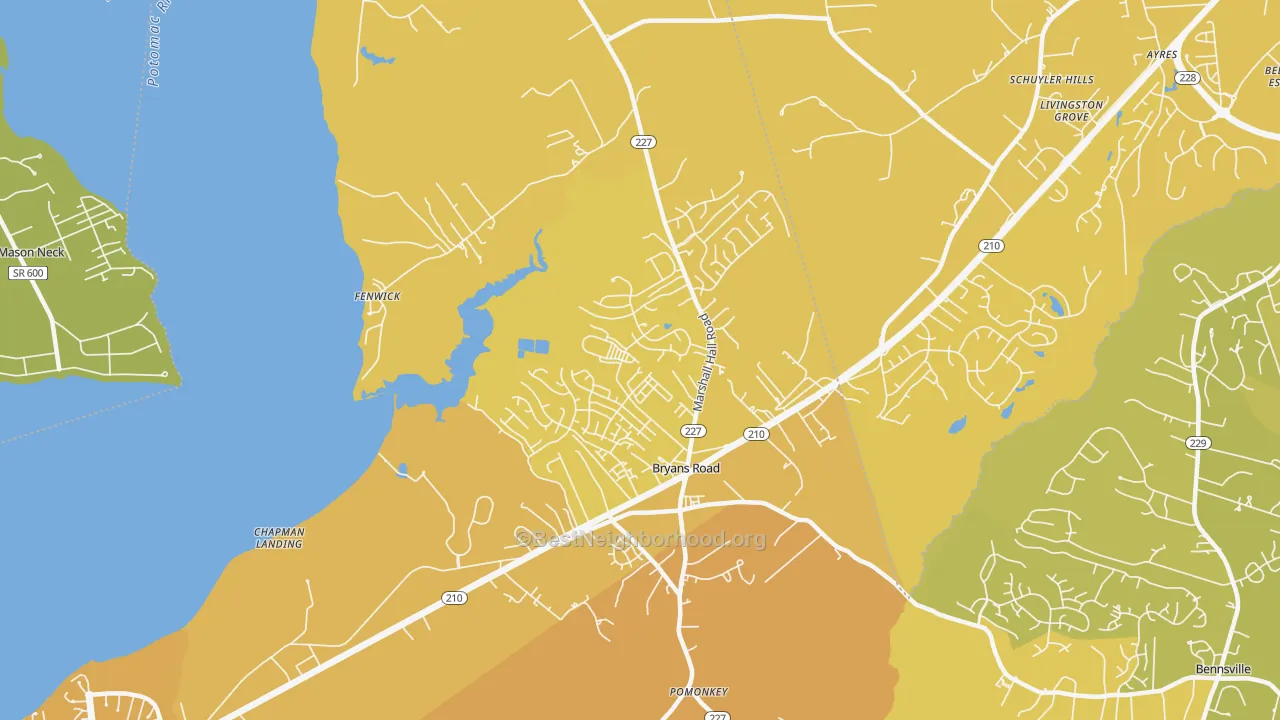 Map of the best neighborhoods in the Bryans Road area, with better matches in green and worse matches in red