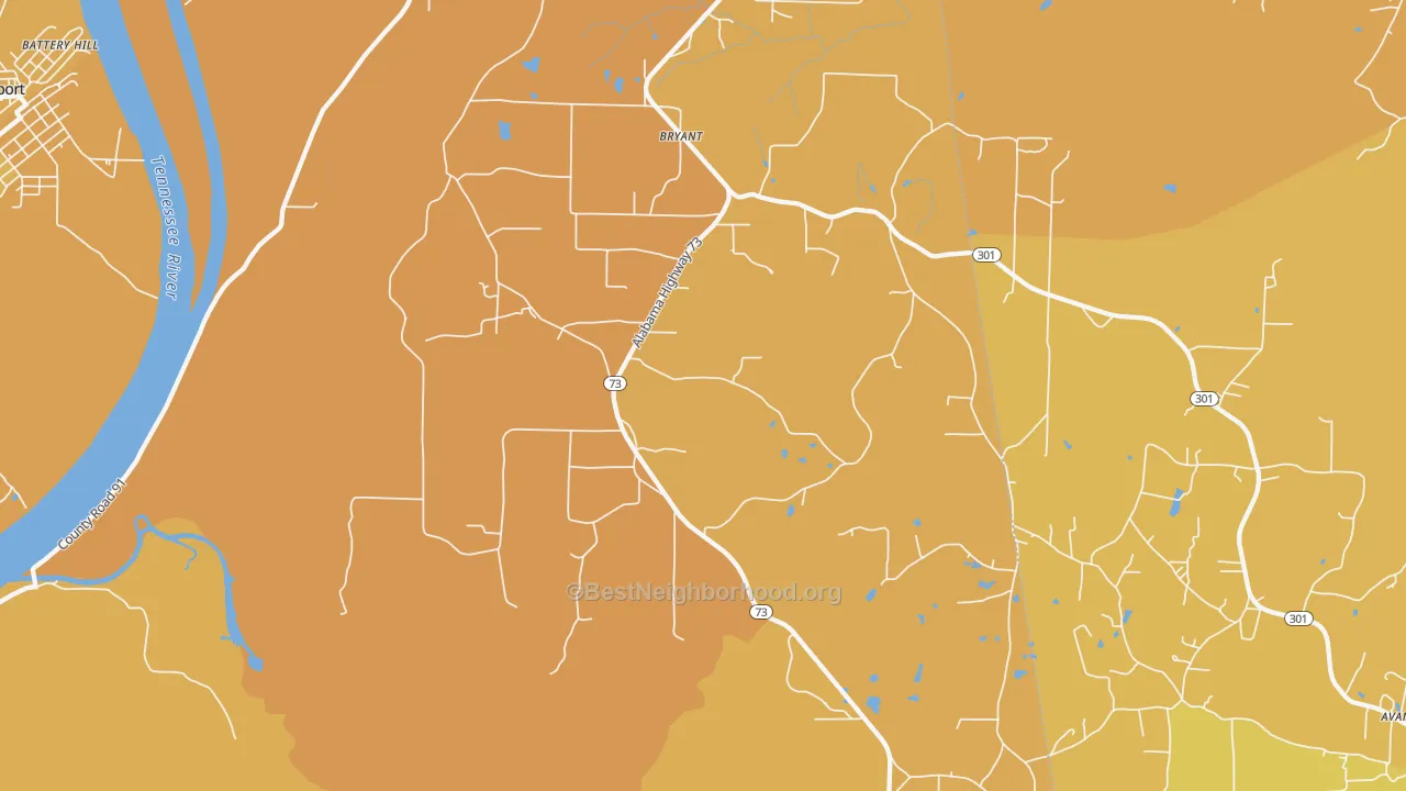 Map of the best neighborhoods in the Bryant area, with better matches in green and worse matches in red