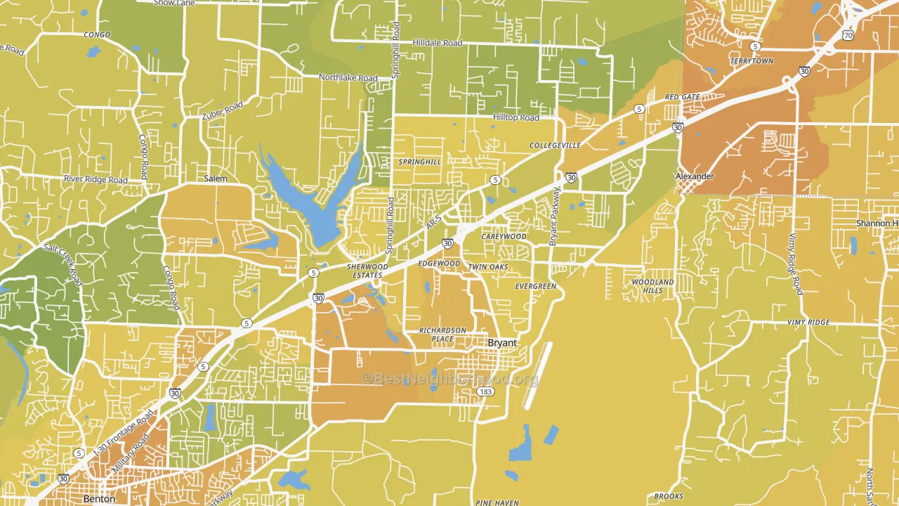 Map of the best neighborhoods in the Bryant area, with better matches in green and worse matches in red