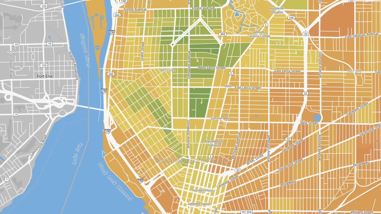 Map of the best neighborhoods in the Bryant, Buffalo area, with better matches in green and worse matches in red