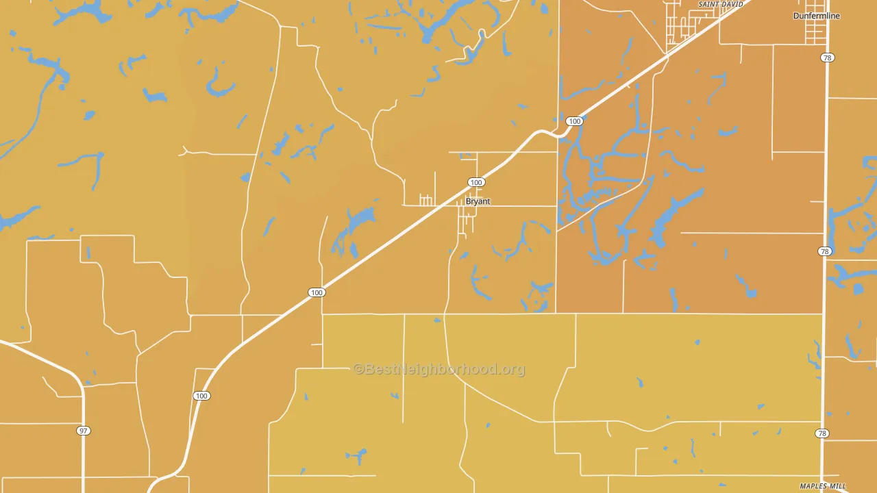 Map of the best neighborhoods in the Bryant area, with better matches in green and worse matches in red