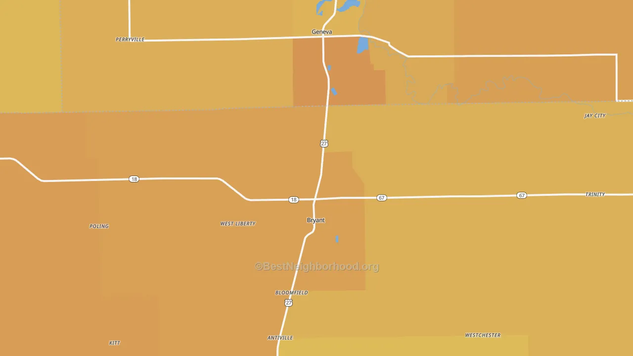 Map of the best neighborhoods in the Bryant area, with better matches in green and worse matches in red