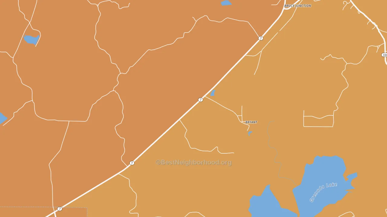 Map of the best neighborhoods in the Bryant area, with better matches in green and worse matches in red