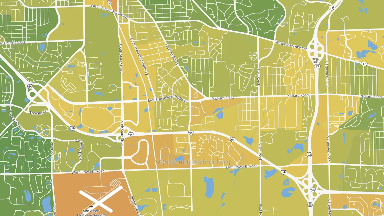 Map of the best neighborhoods in the Bryant Pattengill East, Ann Arbor area, with better matches in green and worse matches in red
