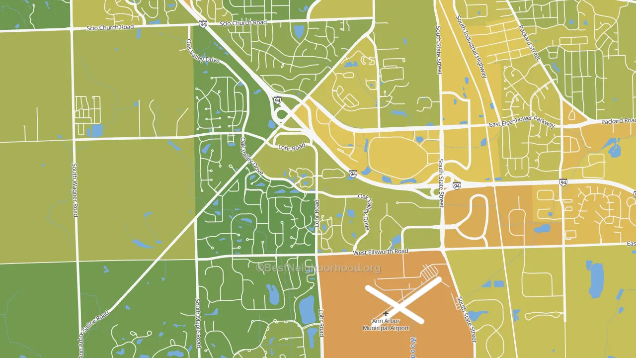Map of the best neighborhoods in the Bryant Pattengill West, Ann Arbor area, with better matches in green and worse matches in red